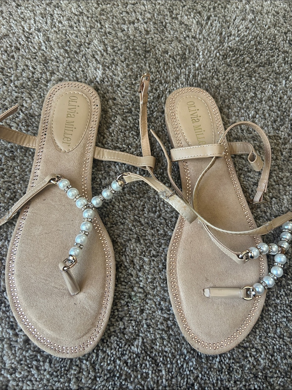 Olivia Miller Nude Pearl T-Strap Sandals